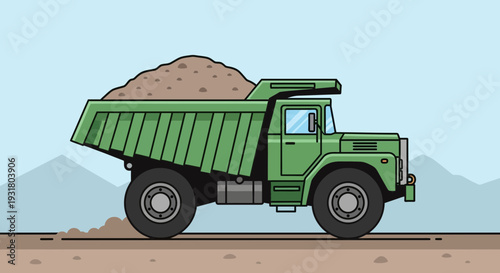 Green Dump Truck Filled with Sand Illustration.