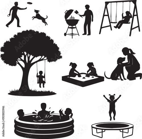 Set of black vector silhouettes depicting various outdoor activities for family and children on transparent background