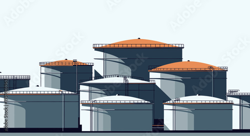 Illustration of Industrial Storage Tanks with Orange and White Tops.