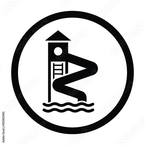 Symbolic lighthouse figure stands boldly in water with wavy lines and circular frame