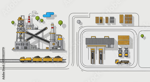 Industrial Complex Illustration Factory Train and Storage Facilities.