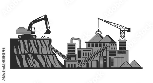 Industrial Landscape Excavator Factory and Crane in a Mining Operation.