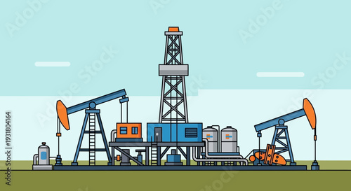 Oil Drilling Rig and Pumpjacks Illustration for Energy Production.