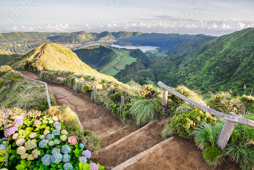 View from Miradouro da Boca do Inferno over Sete Cidades crater lakes, Sao Miguel Island, Azores, Portugal