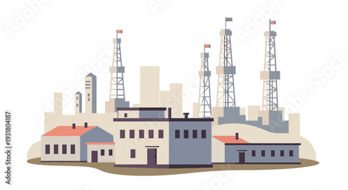 Oil Field Landscape with Derricks and Industrial Buildings.