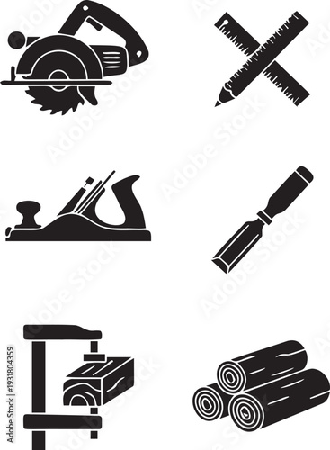 Woodworking tools set with circular saw plane chisel wood clamp ruler pencil and wooden logs