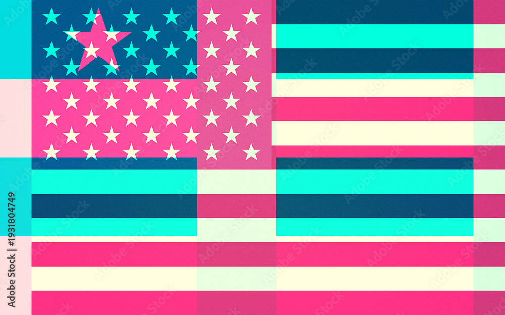 Fototapeta premium Vibrant Abstract American Flag Design Featuring Glitch Art Aesthetics with a Modern Pop Art Color Palette of Pink, Blue, Cyan, and Cream Hues