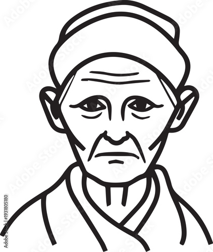 Old Woman Black and White Avatar Illustration in Minimal Line Art Style Design