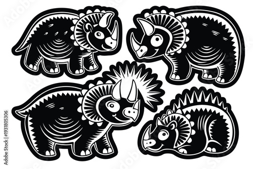 Black And White Triceratops Dinosaur Character Sticker Vector Set