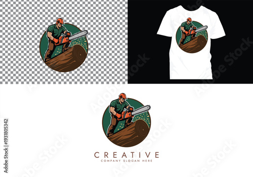 Lumberjack and Chainsaw Cutting logo, Woodcutting Tree Trunk Logo editable vector Design 