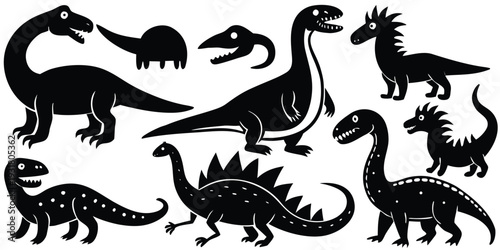 Black And White Jurassic Dinosaur Collection Sticker Vector Set
