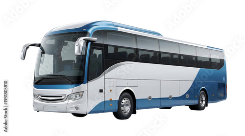 Blue and white modern coach bus isolated on transparent background