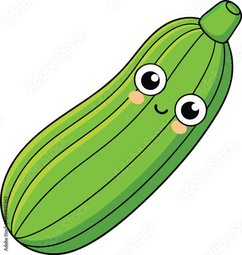 Zucchini cartoon character with cute face, rosy cheeks and green stripes, isolated