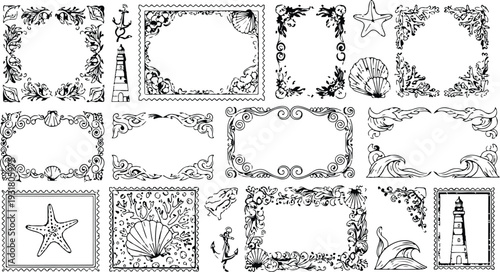 Stamp or letter mark inspired frames for greeting cards, wedding and birthday party, picnic invitations in marine sea coastal style. Hand drawn ornament borders for social media decoration template