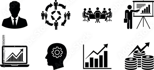 Business and finance icon set with leadership teamwork presentation growth analytics profit and investment symbols vector collection