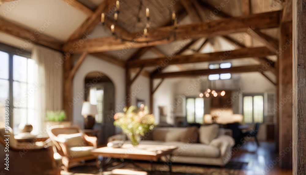 Fototapeta premium Warm And Inviting Modern Farmhouse Living Room With Reclaimed Wood Beams, Elegant Furniture, And Cozy Atmosphere Ideal For Relaxation And Gatherings.