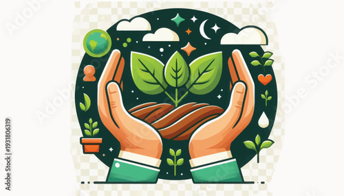 Hands Protecting Young Plant Sprout in Soil. Sustainable Growth, Ecology, Environment Care and Conservation Illustration
