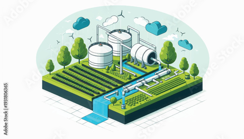Sustainable Water Management System Isometric Illustration. Smart Agriculture Irrigation, Storage Tanks, and Clean Energy Technology Vector.