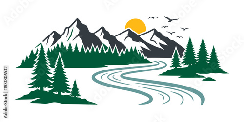 Mountain Landscape with River and Trees Illustration.