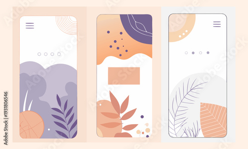 Collection of three abstract mobile screen designs featuring organic shapes, leaves, and a soothing pastel color palette