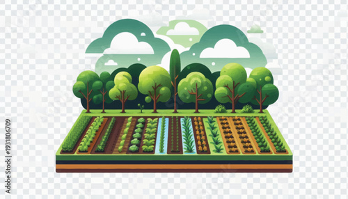 Stylized Isometric Farm Plot Illustration. Sustainable Agriculture and Organic Crop Cultivation Landscape Vector.