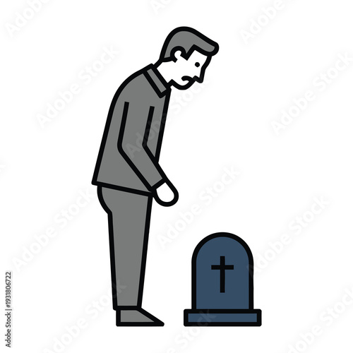 Man in gray stands solemnly near grave marked with cross in minimalist style
