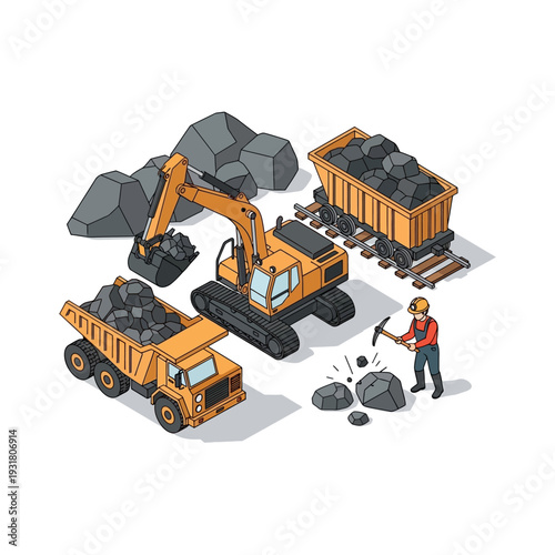 Isometric mining operation with excavator, dump truck, and miner.