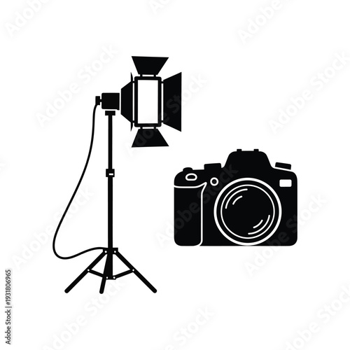 Photography studio equipment professional dslr camera and spotlight with stand vector illustration isolated on white