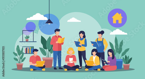 Diverse Group Reading Together: Collaborative Learning, Education, and Community in Modern Flat Design Illustration