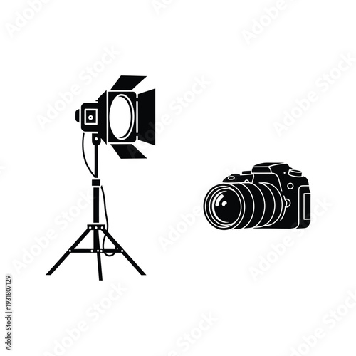 Professional photography studio equipment with dslr camera and powerful spotlight vector illustration
