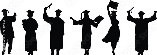 Black silhouettes of graduating students wearing caps and gowns holding diplomas and celebrating academic achievement isolated on a white background banner