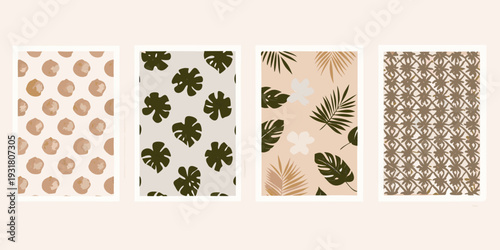 Four framed botanical prints with varied organic patterns in neutral tones