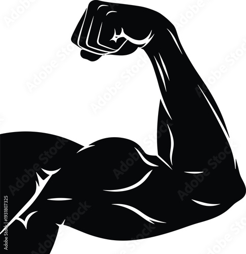 Muscular arm flexing silhouette illustration, fitness strength concept, bodybuilding power pose, gym workout icon, health motivation, strong bicep flex vector art