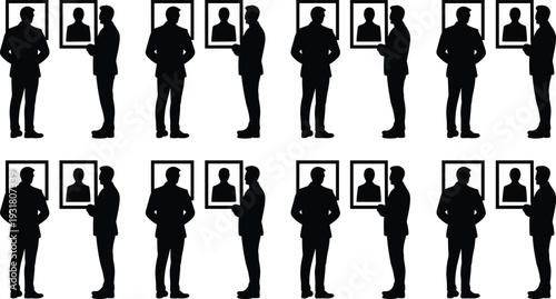 Businessman silhouette holding framed profile picture icon set, corporate identity concept, recruitment branding vector illustration isolated background