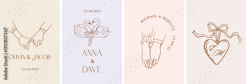 Vintage hand drawn whimsical wedding illustrations. Wedding monograms and logo set. Elegant romantic design