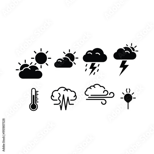 Weather forecast icon collection showing sun clouds rain lightning storm temperature and wind speed symbols for app design