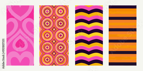 Four brightly colored abstract patterned panels displayed in a vertical arrangement
