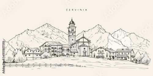 Sketch of a quaint alpine village with a church and surrounding mountains