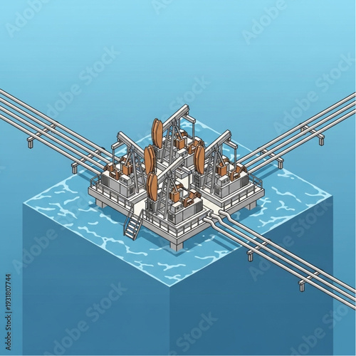 Offshore oil rig platform in the ocean with pipelines.