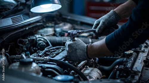 Mechanic Using Ratchet Wrench to Tighten Bolt Inside Car Engine Close Up in Auto Repair Workshop