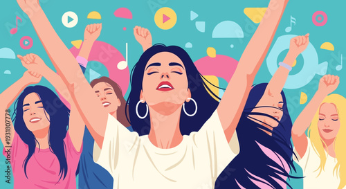 Joyful Women Dancing to Music, Celebrating with Friends in a Vibrant Flat Design Illustration