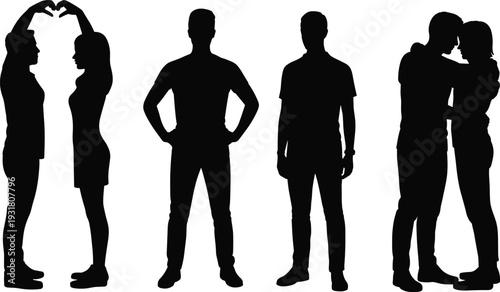 Couple love and standing people silhouettes set, romantic relationship and human poses vector illustration isolated