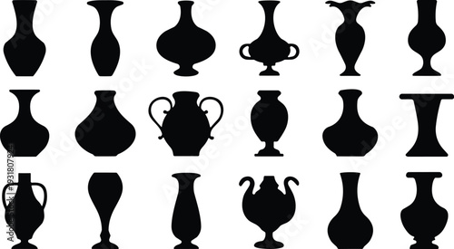 Black silhouettes of various ceramic vases and ancient Greek amphora pottery vessels isolated on a white background for interior decor design