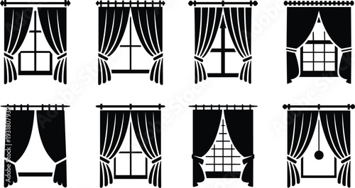 Curtain and window silhouettes set, interior home decor drapery collection in black solid vector design isolated
