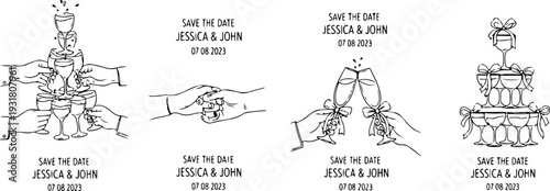 Hand drawn wedding illustrations. Italian style dinner party posters and placards. Wine, champagne glass, or cocktails for wedding invitations, menus, placards and posters. Ink doodle sketch style1