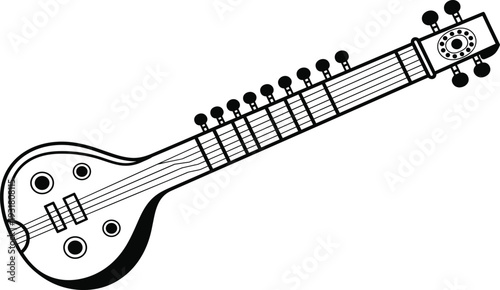 Black and white of a stringed musical instrument with a pear-shaped body
