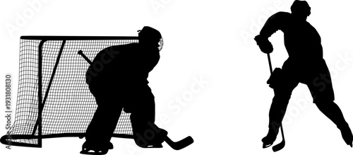 Black silhouettes of an ice hockey player shooting the puck and a goalkeeper making a save isolated on white background. Action sports scene for graphic design or team branding