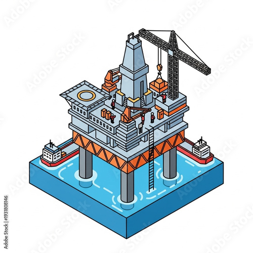Isometric illustration of an offshore oil rig platform in the ocean.