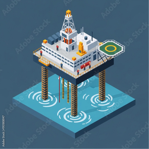 Isometric Offshore Oil Rig Platform in the Ocean.