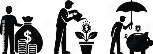 Financial growth and savings silhouettes with money bag investment plant and piggy bank protection concept vector illustration